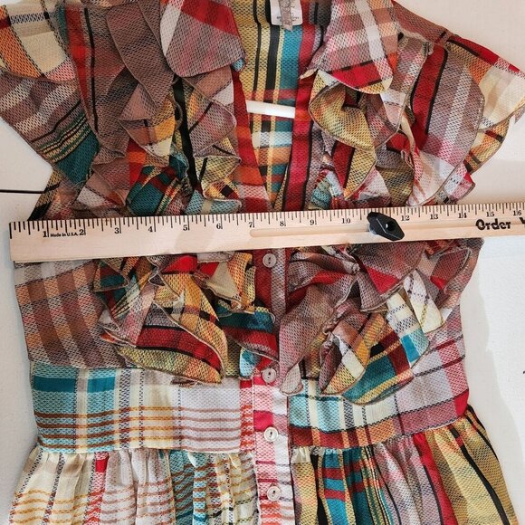 Agaci Plaid Ruffle Blouse Womens Small Multicolor Sheer Button Top Boho Style S - Picture 8 of 11